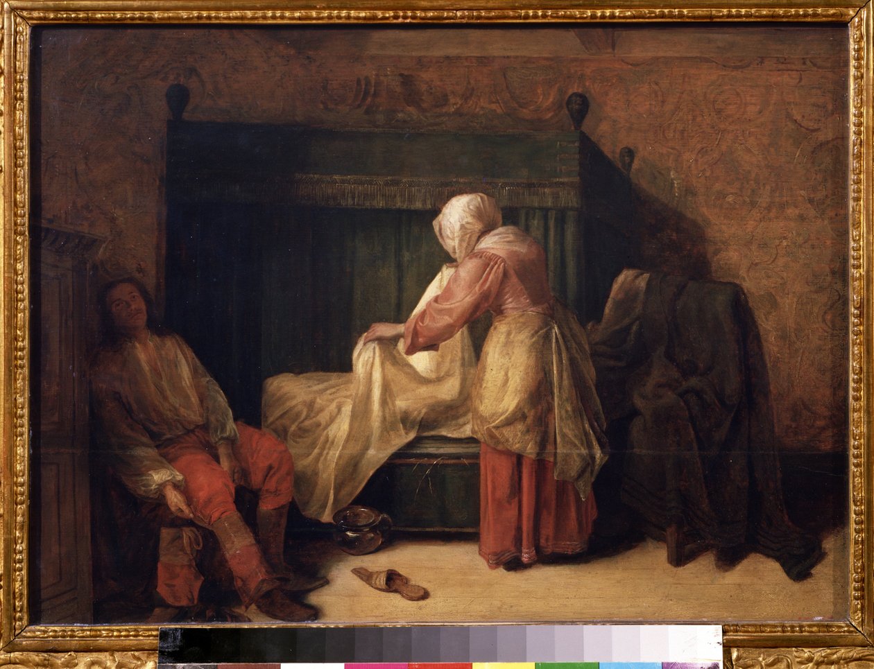 ""The Morning of a Young Man"" (The Morning of a Young Man) En ung man förbereder sig för att vakna medan en piga bäddar om sängen. På golvet en toffel och en kammarkruka. Målning av Pieter de Hooch (1629-1684) 1655-1657 Pushkin Museum, Moskva av Pieter de Hooch