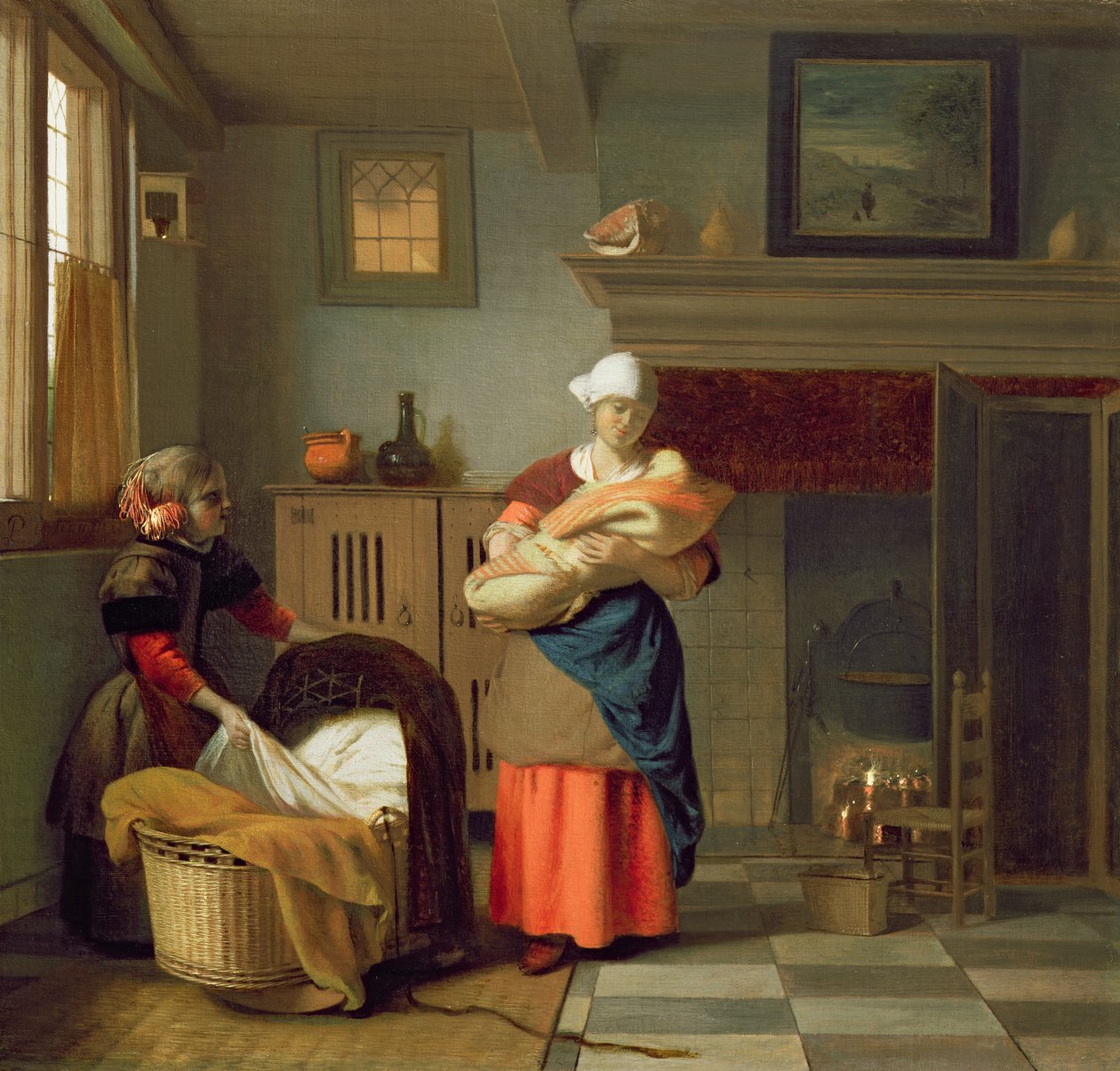 Sköterska med baby i en interiör och en ung flicka som förbereder vaggan av Pieter de Hooch