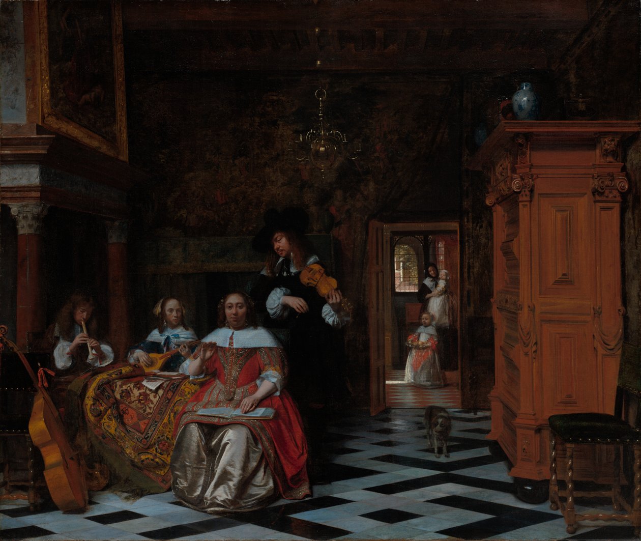 Porträtt av en familj som spelar musik av Pieter de Hooch