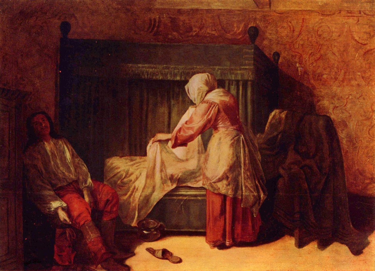 Soldat drar på sig en stövel och en kvinna bäddar en säng av Pieter de Hooch