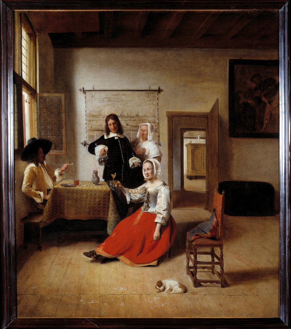 Drickaren En alkoholiserad kvinna i ett flamländskt hus omgiven av andra drinkare. Målning av Pieter de Hooch (1629-1684) 1658 Sön. 0,69x0,6 m - Kvinna som dricker med soldater. Interiör av ett flamländskt hus. Målning av Pieter de Hooch (1629-1684) av Pieter de Hooch