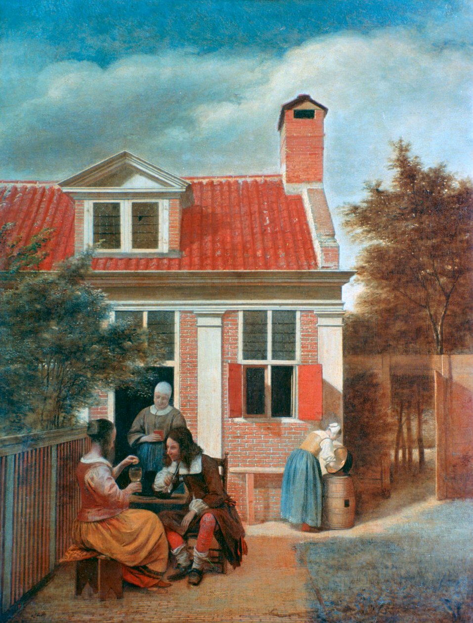 Tre kvinnor och en man på en innergård bakom ett hus, c1657-1659 av Pieter de Hooch