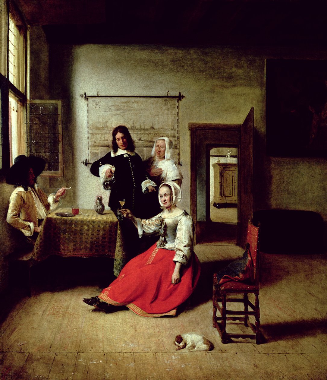 Kvinna som dricker med soldater, 1658 av Pieter de Hooch