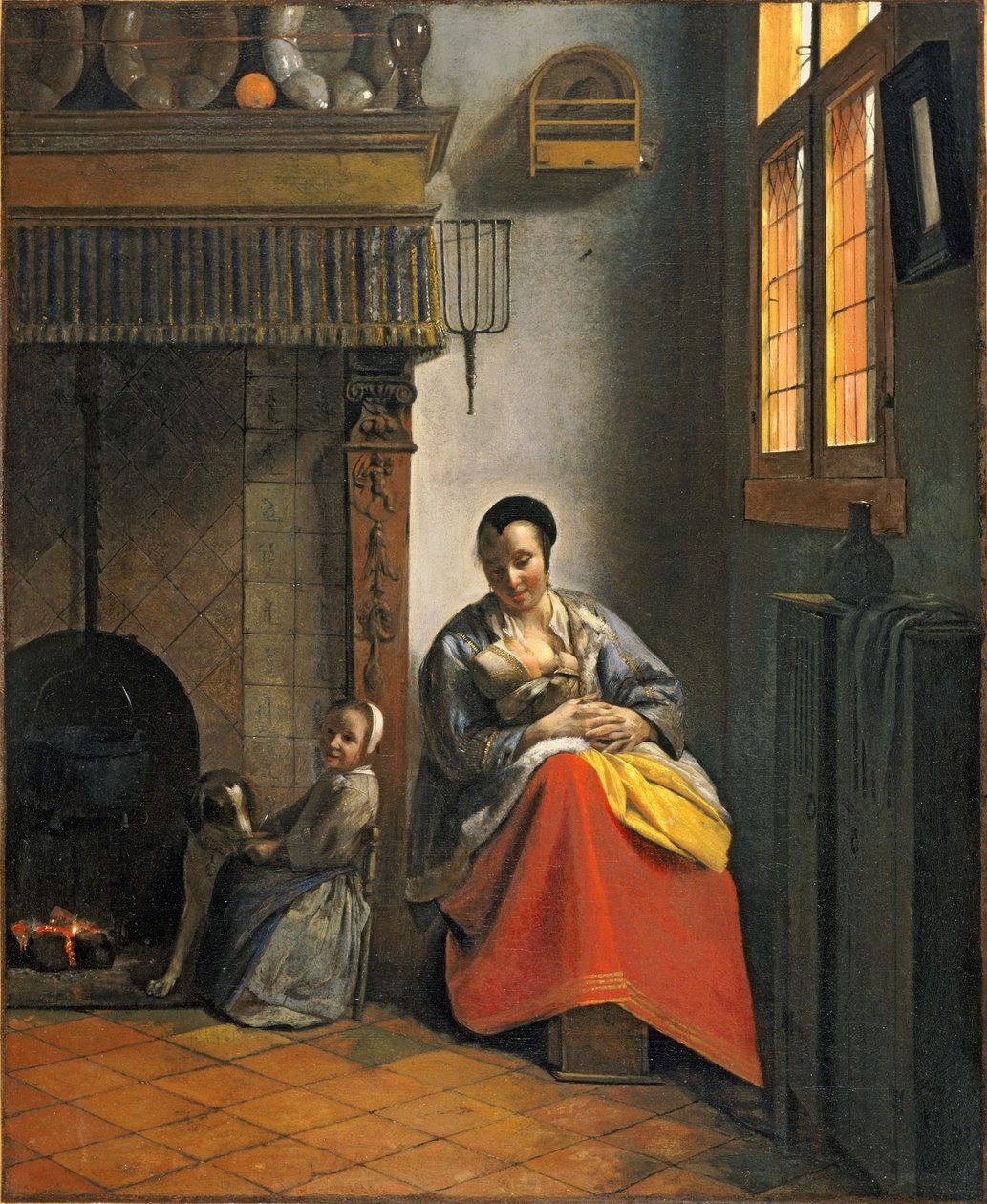 Kvinna som ammar ett spädbarn, med ett barn och en hund av Pieter de Hooch