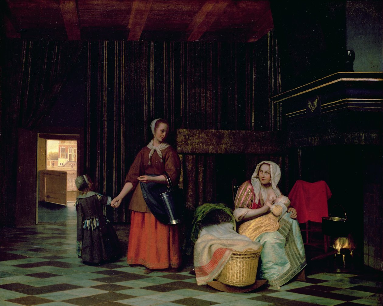 Kvinna med spädbarn, tjänsteflicka med barn av Pieter de Hooch
