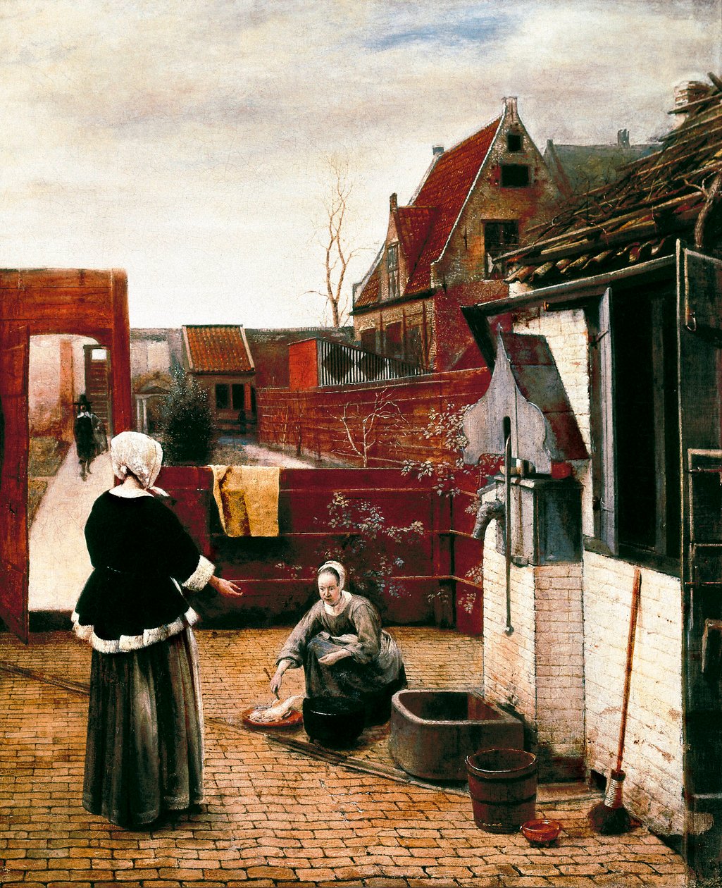 kvinna och hennes tjänare i en domstol av Pieter de Hooch