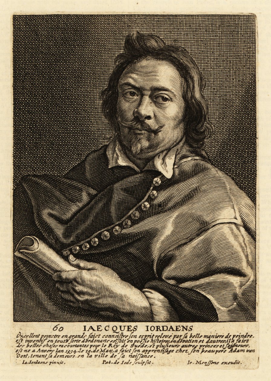 Porträtt av Jacques Jordaens, flamländsk målare, ritare och gobelängdesigner känd för sina historiemålningar, genrescener och porträtt av Pieter de II Jode