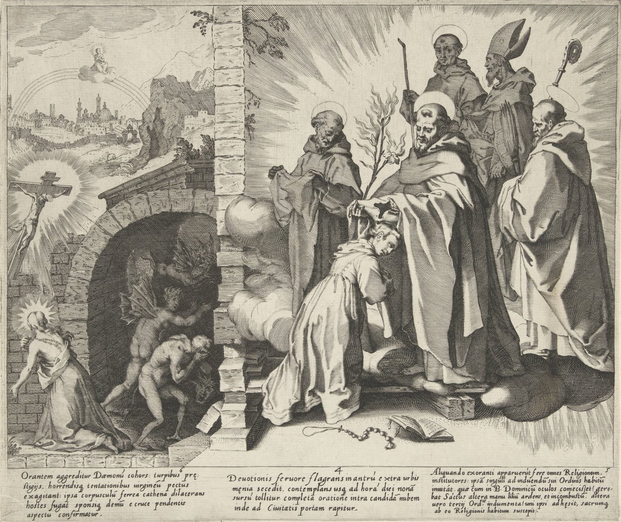 Catharina bidd / Visioen van Catharina / Catharina wordt Dominicanes Scènes uit het leven och wonderen van de Heilige Catharina van Siena (serietitel) Life, Death, and Selected Miracles of B. Catherine the Elder (...) (serietitel) av Pieter de Jode (I)