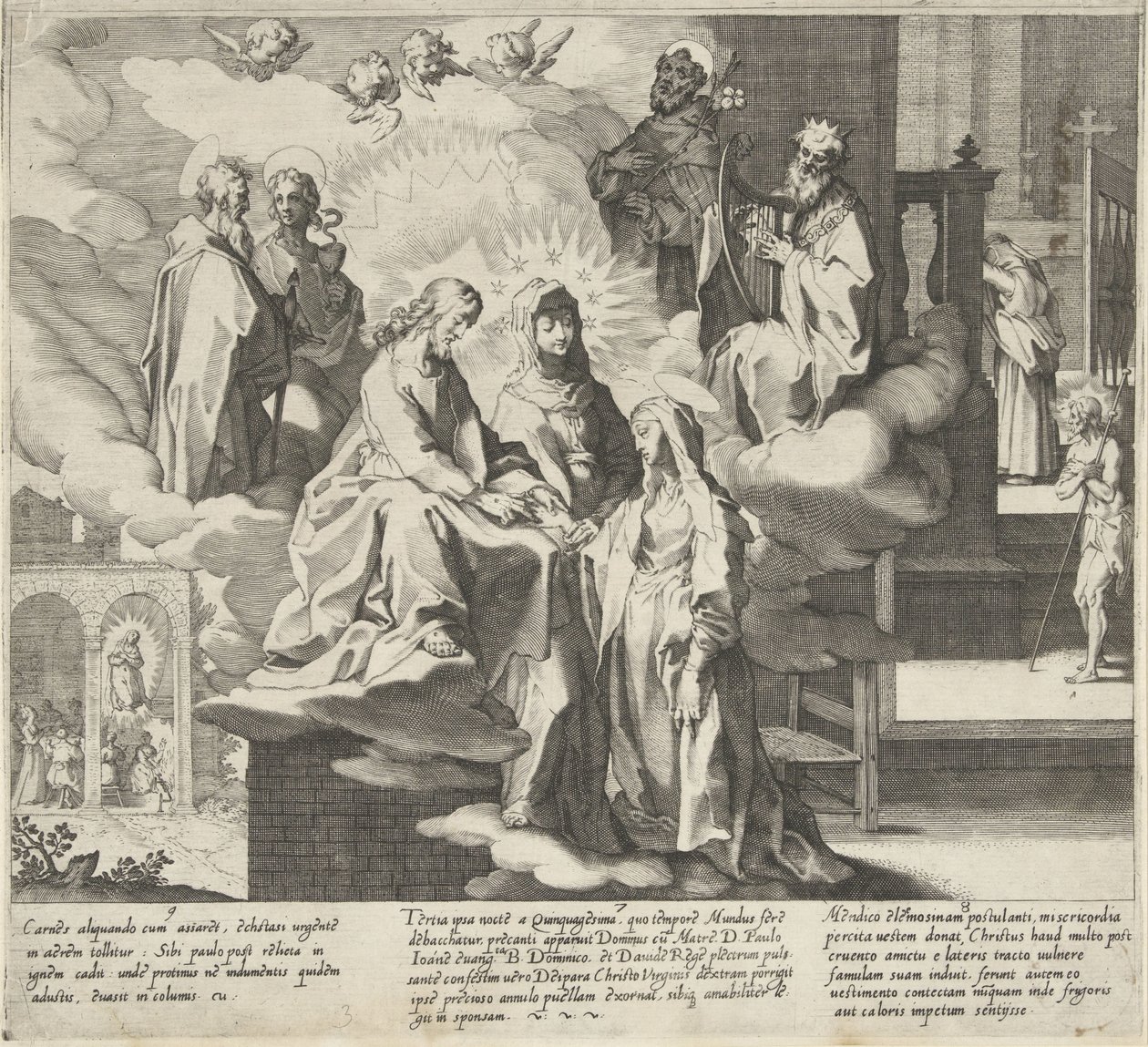 Catherine dyker upp / Catherines bröllop / Catherine delar sin mantel Scener från Saint Catherine of Sienas liv och mirakel (serietitel) Vita mors gesta, et miracula quaedam selecta B. CATHERINAE SENENSIS (...) (serietitel) av Pieter de Jode (I)