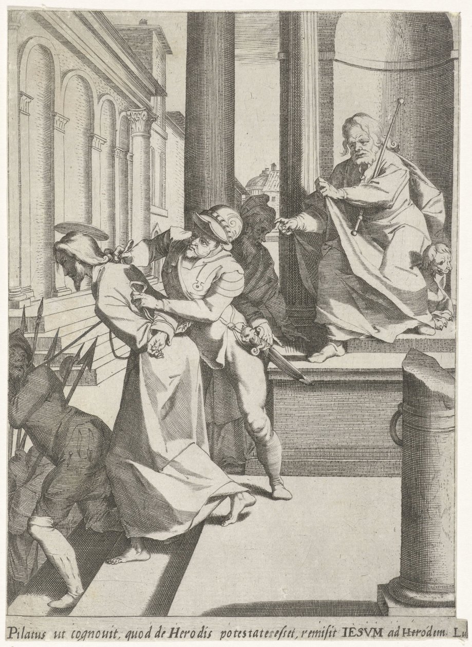Kristus sänds till Herodes av Pilatus Passion of Christ (serietitel) Passionis et resurrectionis (serietitel) av Pieter de Jode (I)