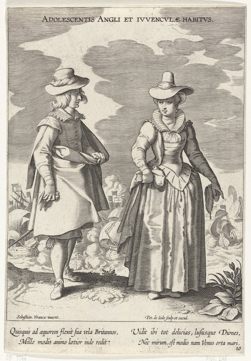 Paar, klädd enligt de engelska mode, ca. 1610 Ungdomens engelska och engelska vanor (titel på objekt) Kostuums uit verschiedelden landen (serietitel) Ornaments of Various Nations (serietitel) av Pieter de Jode (I)