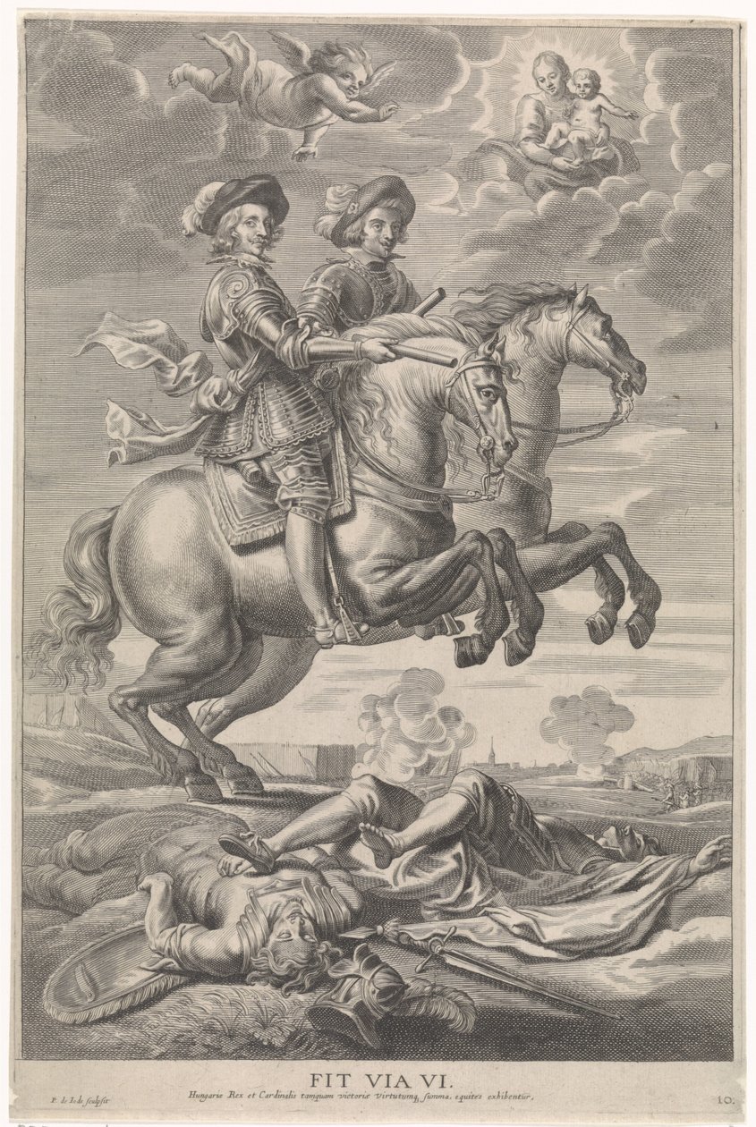 Ferdinand av Österrike med Ferdinand, kung av Böhmen och Ungern, till häst vid segern i Nördlingen Kardinal-barnets glädjefulla inträde i Gent, 1635 (serietitel) av Pieter de Jode (II)
