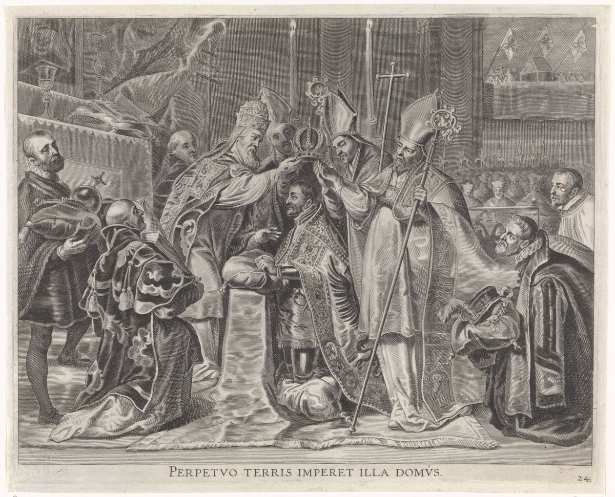 Karl V kröntes till kejsare av påven Kardinal-barnets glädjefulla inträde i Gent, 1635 (serietitel) av Pieter de Jode (II)