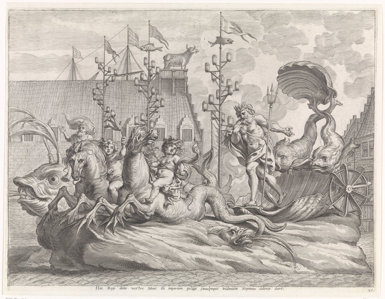 Skådespel med Neptunus vagn Kardinal-barnets glädjefulla inträde i Gent, 1635 (serietitel) av Pieter de Jode (II)
