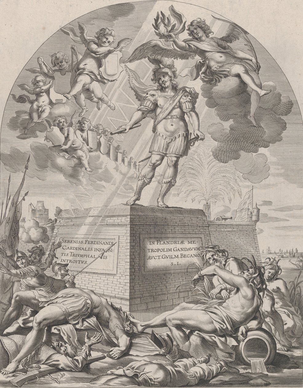 Plåt 1: Ferdinand som Mars, stående på en piedestal, från William Becanus 