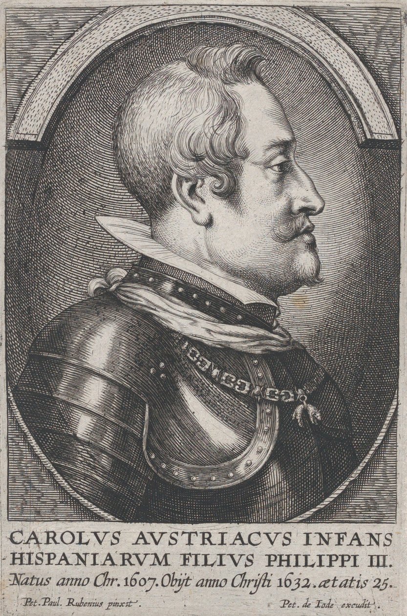 Porträtt av Karl av Österrike, Infante of Spain, i profil till höger, ca. 1650. av Pieter de Jode II