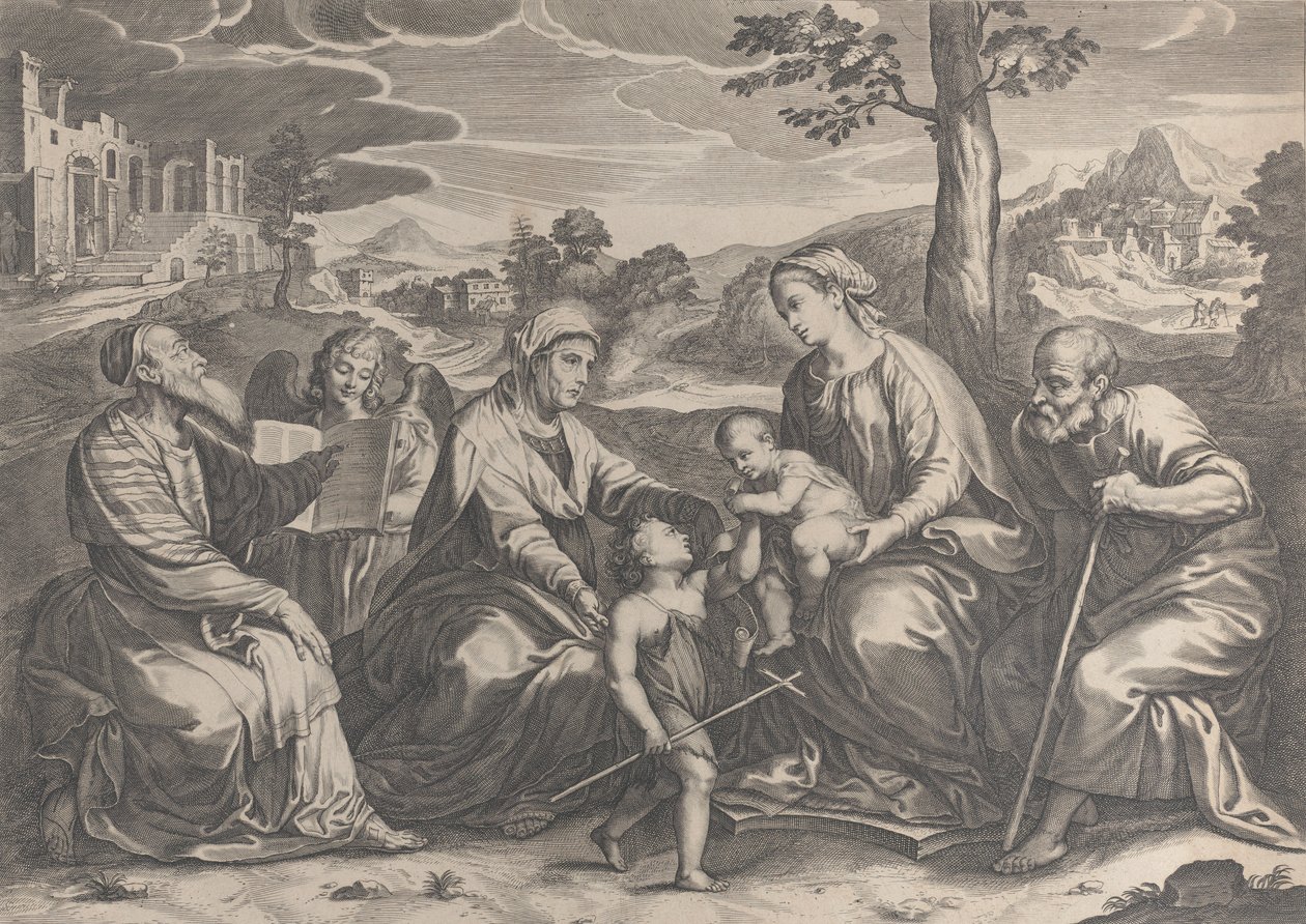 Den heliga familjen till höger, med spädbarnet Johannes döparen, Elizabeth, Zacharias,..., 1631-37. av Pieter de Jode II