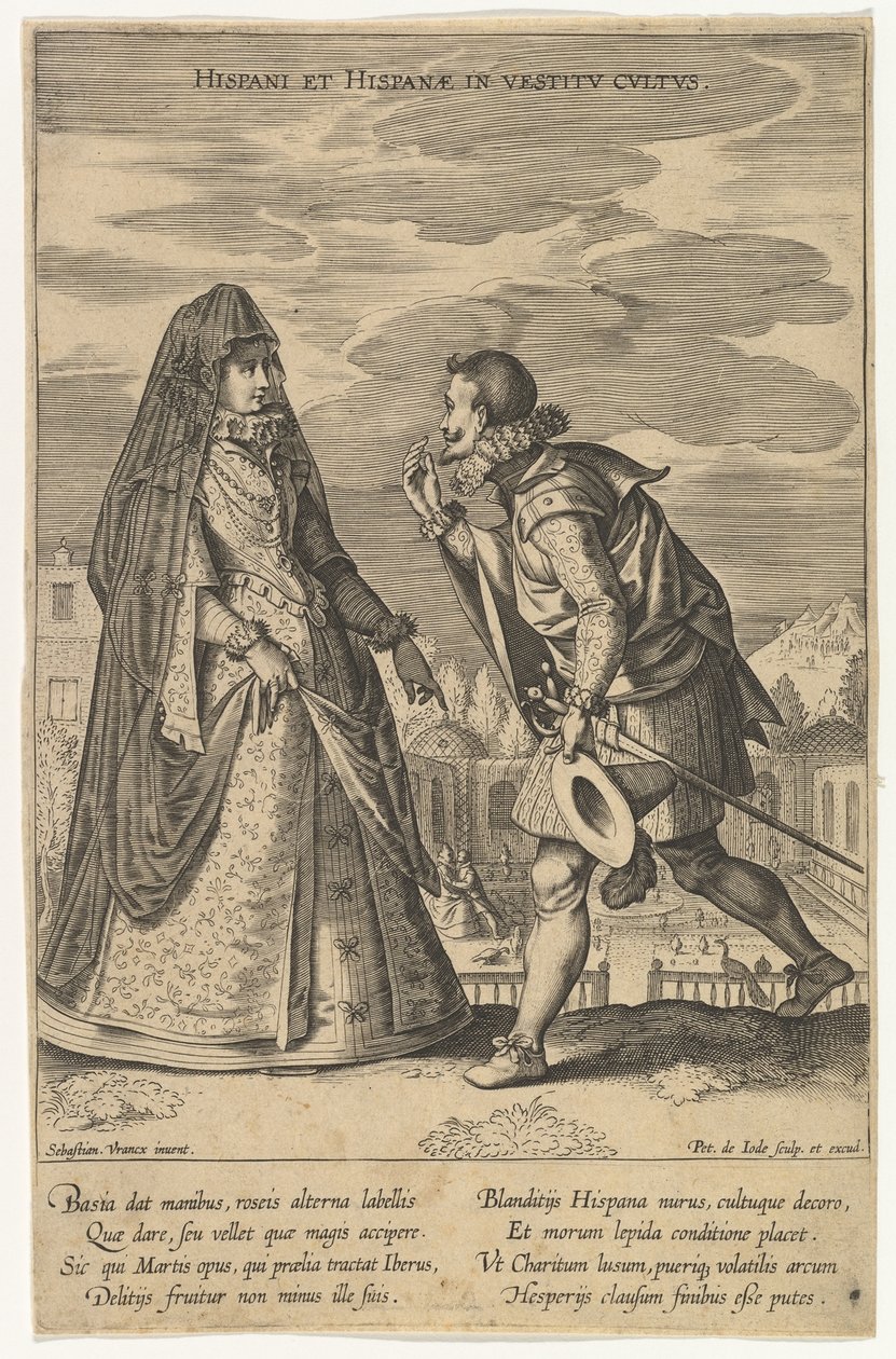 Spanjorer och spanjorer i klänningsdyrkan, från Fashions of Different Nations.n.d. av Pieter de Jode I