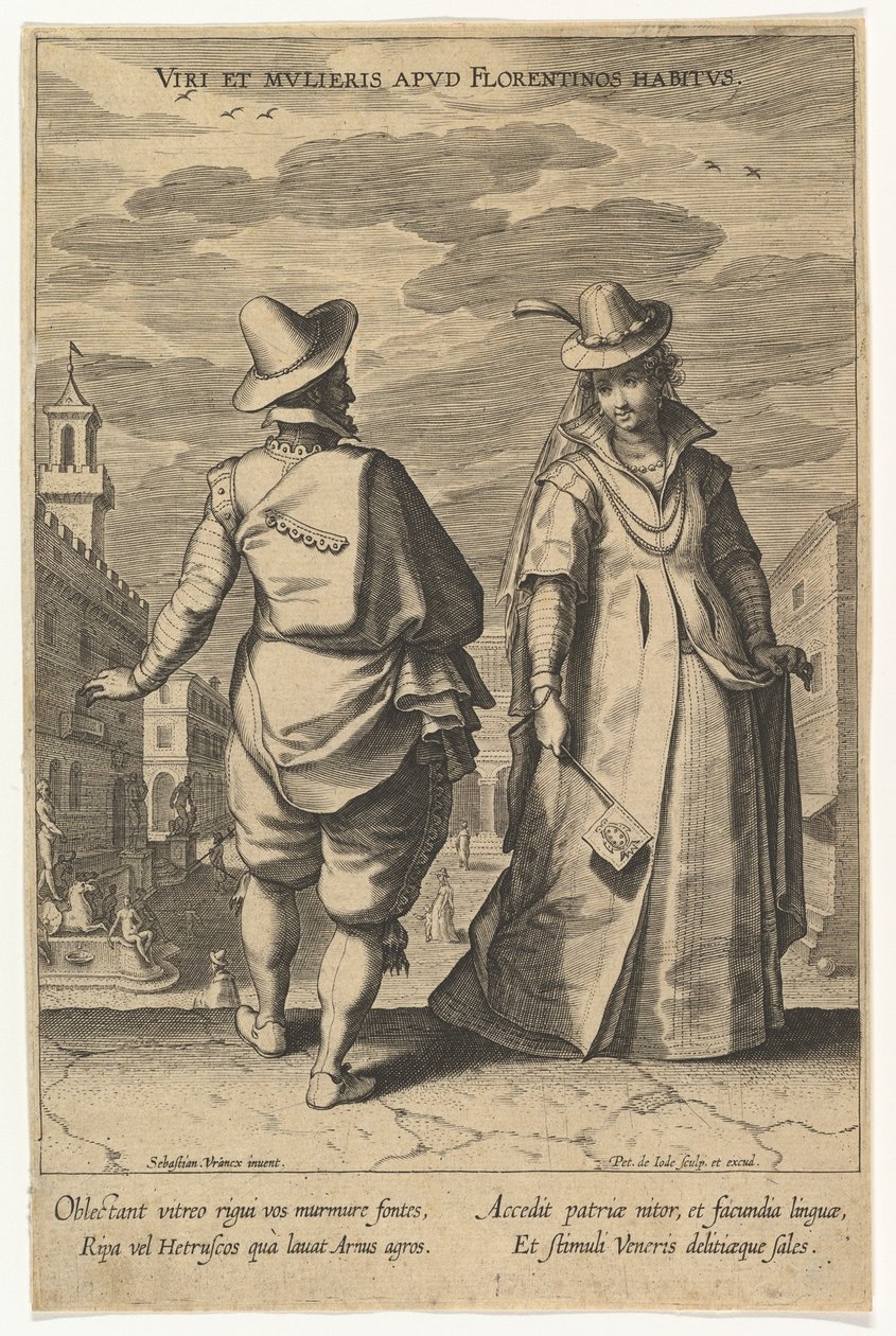 Männens och kvinnornas vanor i Florens, från Modes of Different Nations.n.d. av Pieter de Jode I
