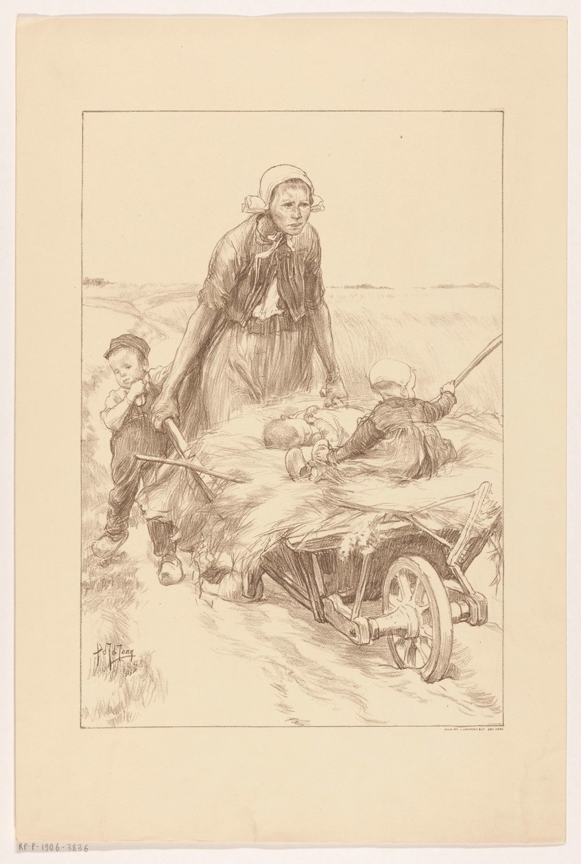 Bondekvinna som skjuter en skottkärra med hö och två barn av Pieter de Josselin