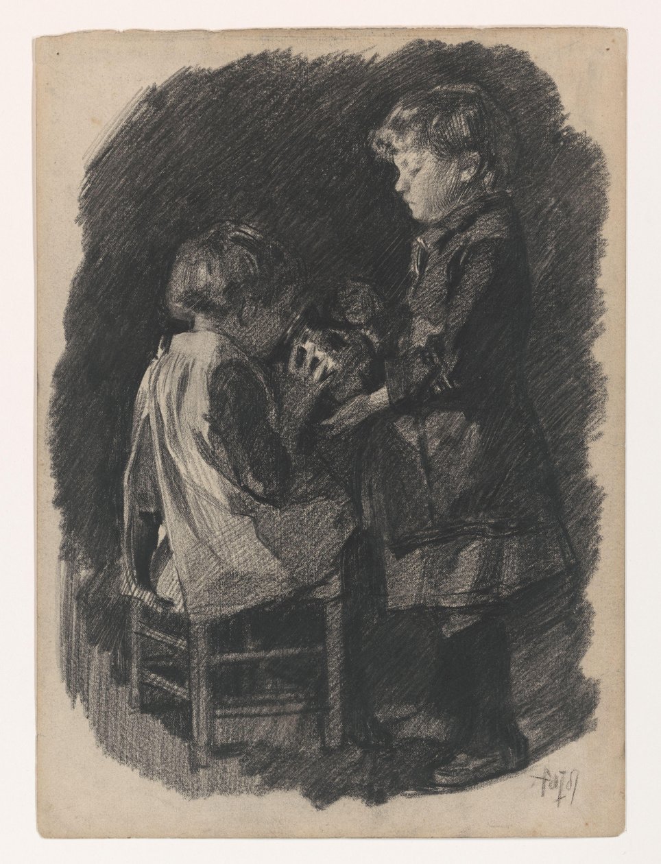 En liten flicka får en syster att dricka mjölk ur en kanna av Pieter de Josselin