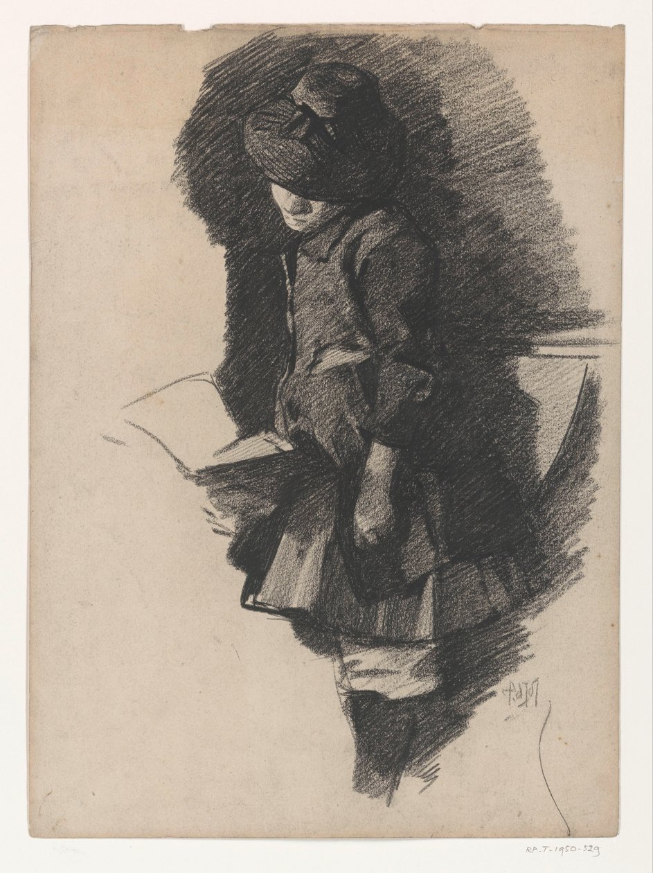 Stående tjej med hatt, tittar i en bok av Pieter de Josselin