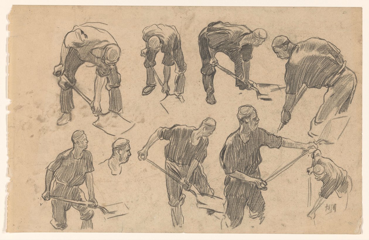 Studieblad med skisser av en grävarbetare av Pieter de Josselin