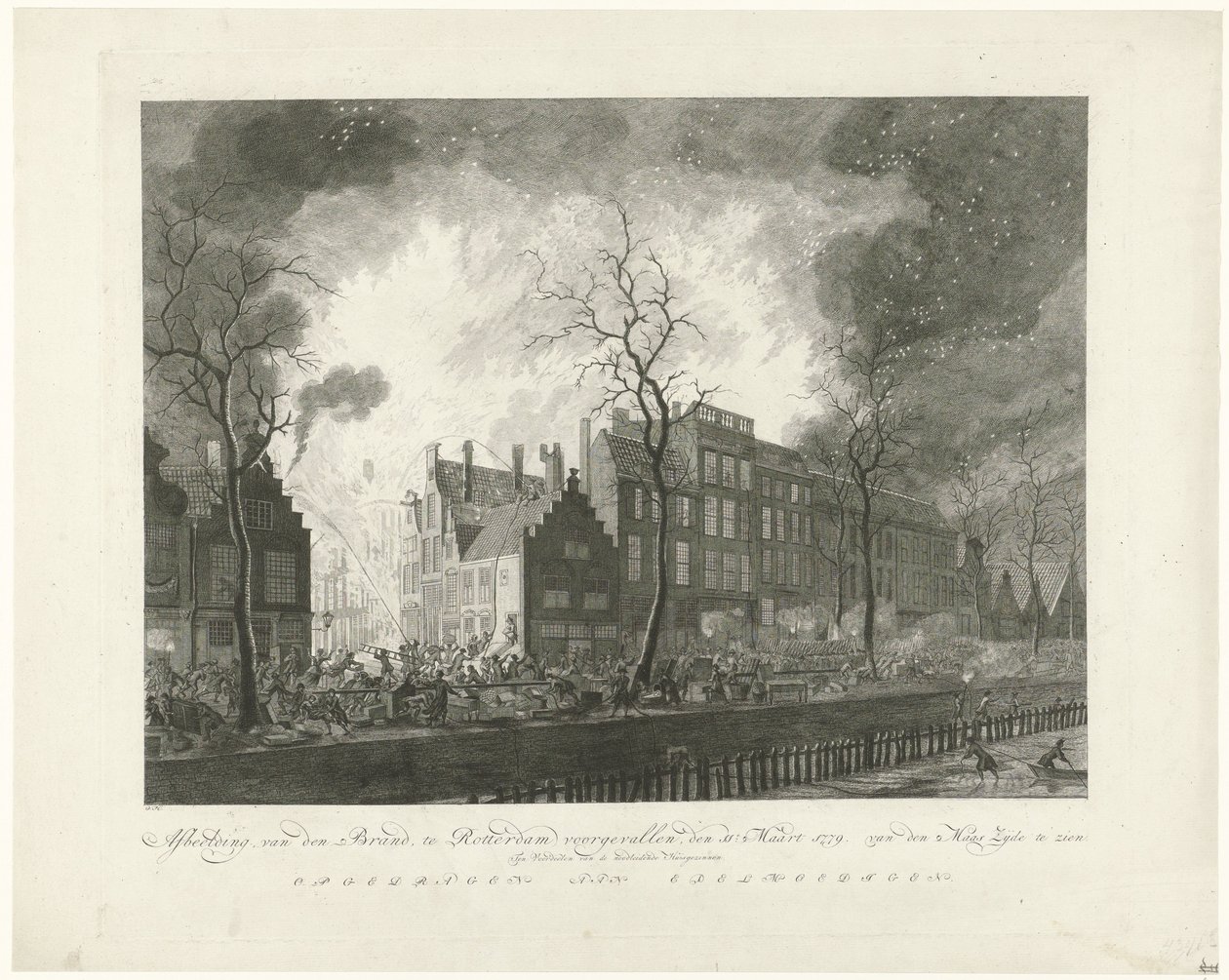 Brand i Pottery Alley i Rotterdam, 1779 Bild, van den Brand, inträffade i Rotterdam, den 11:e. Mars 1779. van den Maas Silk på display (titel på objekt) av Pieter de Mare