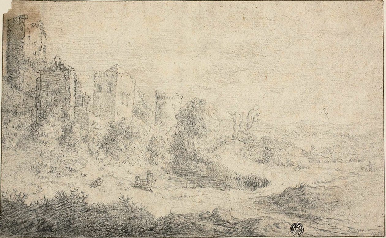 Landskap med förstörda slott och tre figurer av Pieter de Molijn