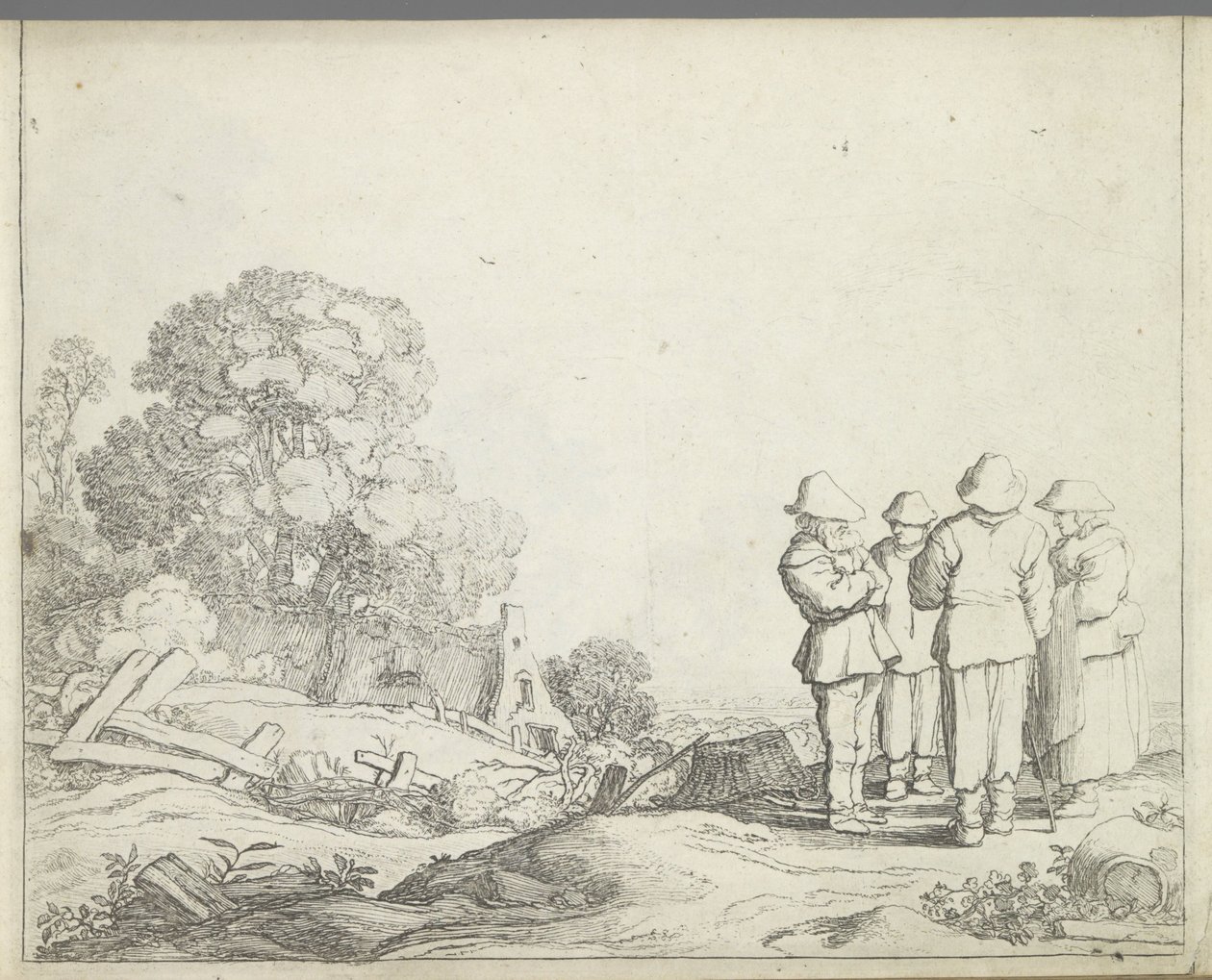 Landskap med tre bönder och en bondfru Landskap med figurer (serietitel) Mirror of Nature och School of Drawing (...) (serietitel) av Pieter de Molijn