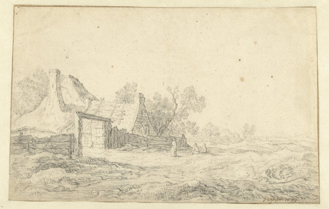 Dynlandskap med tre figurer framför en gård av Pieter de Neyn
