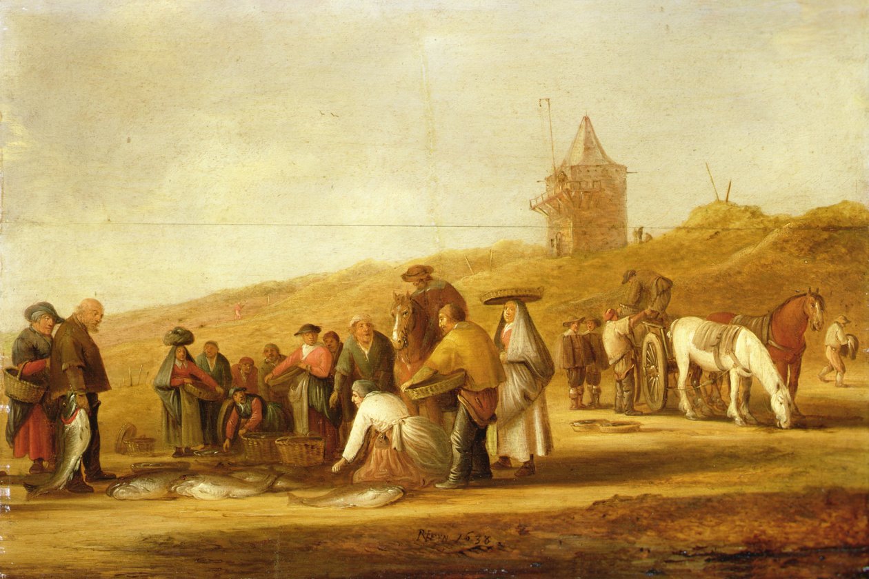 Fiskare som säljer sin fångst på stranden (olja på duk) av Pieter de Neyn