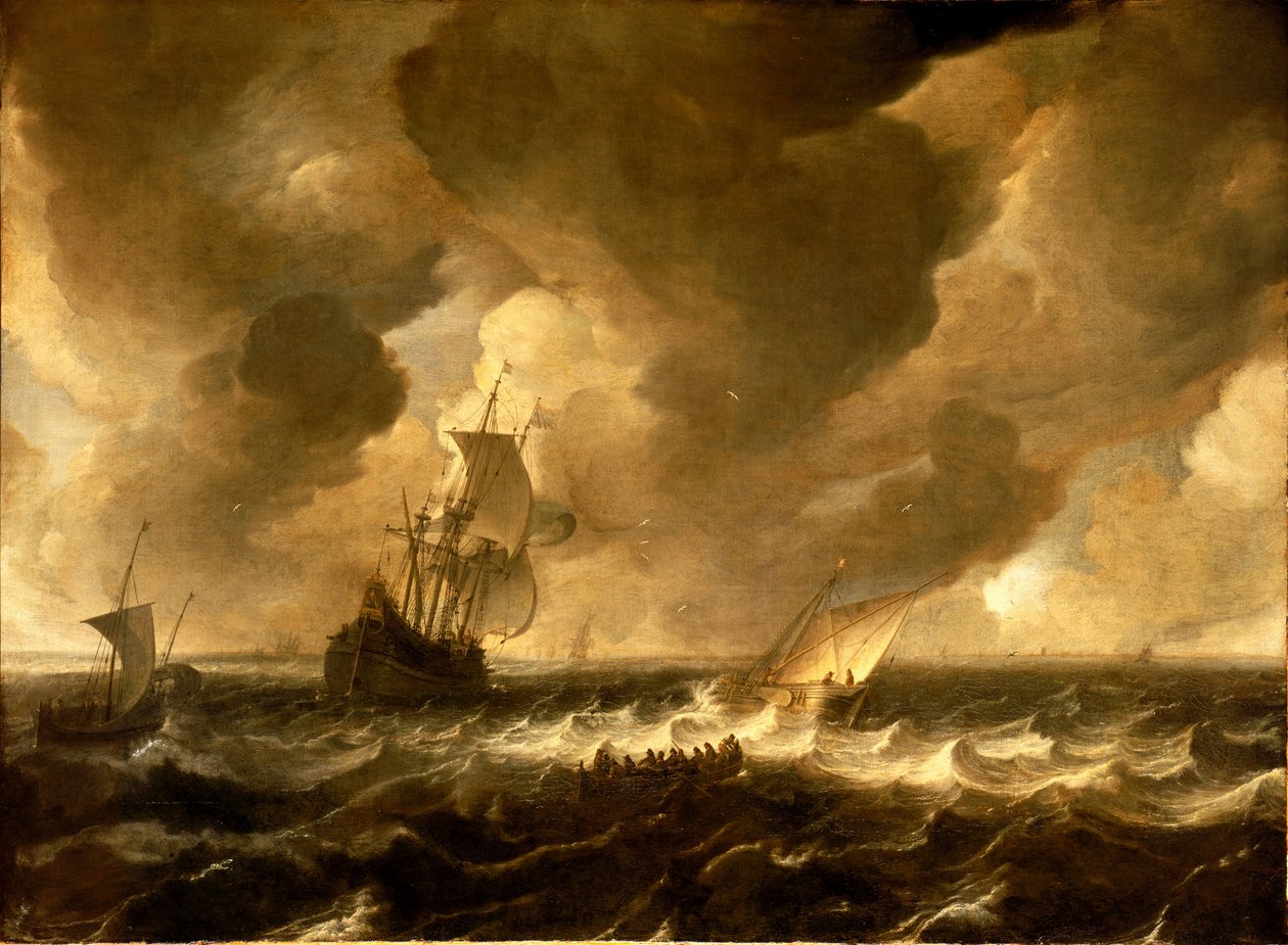 En flöjt och andra fartyg utanför den holländska kusten, mitten av 1600-talet (oljemålning) av Pieter de Zeelander