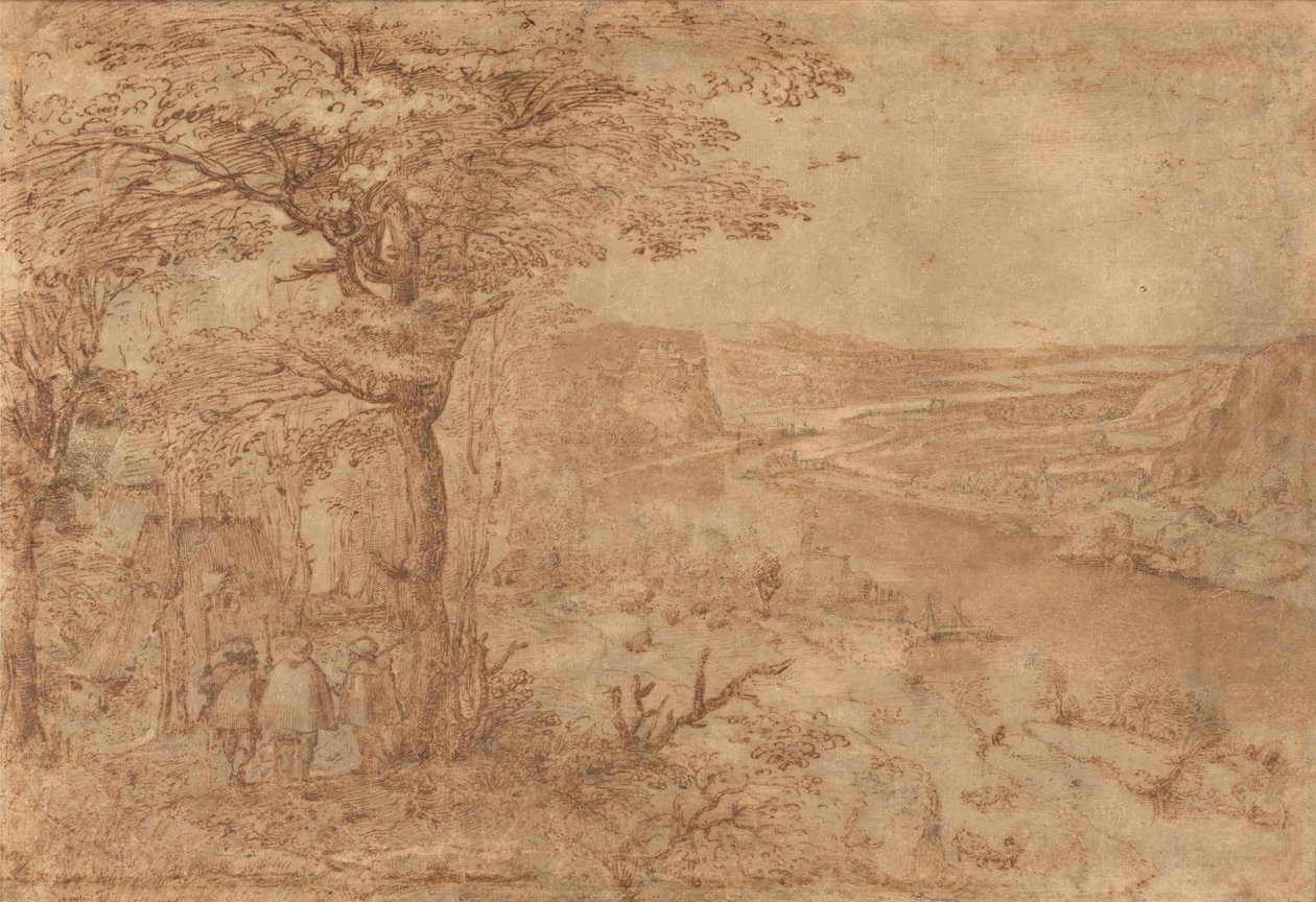 Landskap med pilgrimer (penna och brunt bläck på papper) av Pieter Bruegel the Elder
