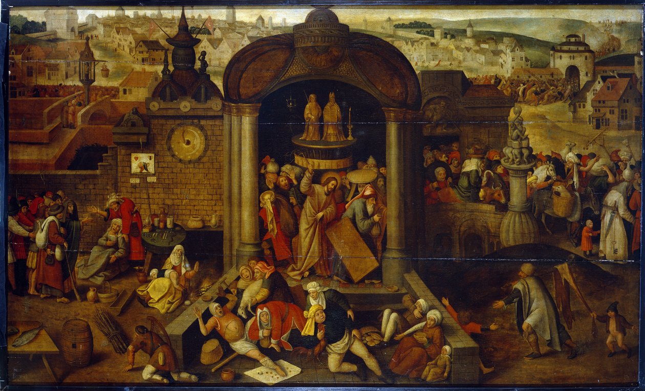 Kristus driver köpmännen från templet. (Kristus driver långivaren från templet). Med scener från Kristi passion i bakgrunden, framför panorama av staden. Målning av en holländsk konstnär influerad av Hieronymus (Jerome) Bos av Pieter Bruegel the Elder