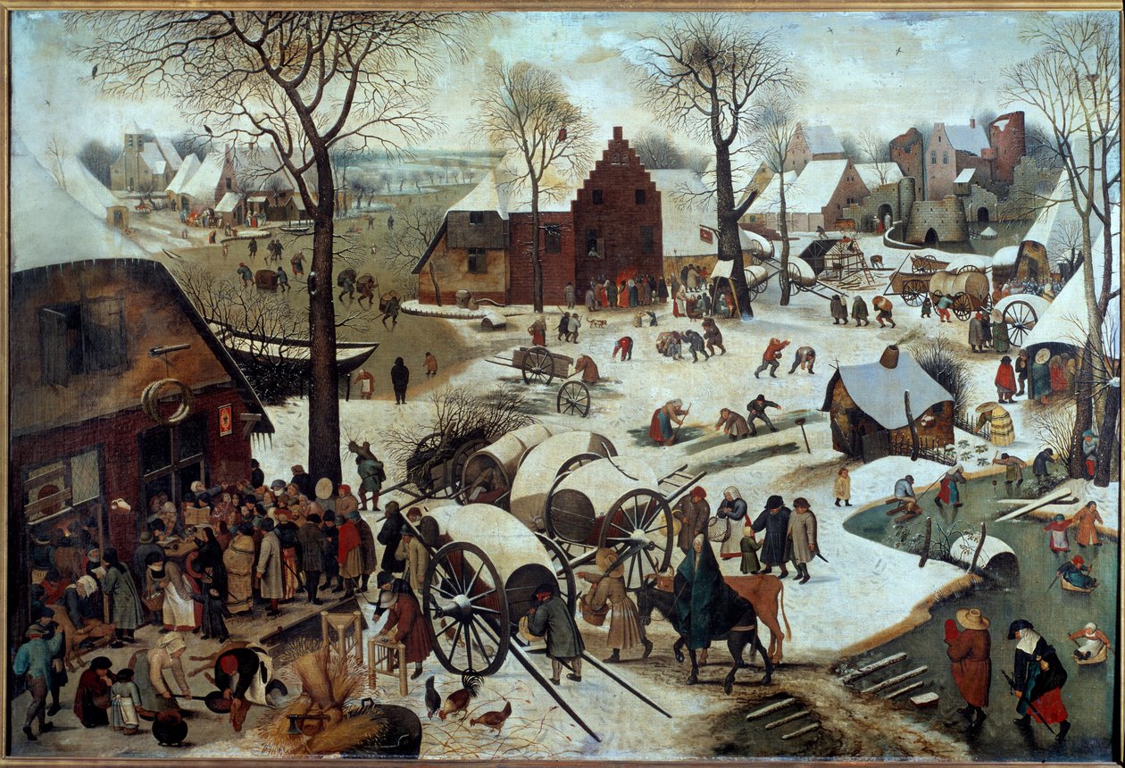 Betalning av dime eller deombrement till Bethleem (h s/t 1,11 X 1,64). Målning av Pieter Bruegel (eller Breugel eller Brueghel eller Breughel) den förra (1525-1569). 1566. Bryssel, Royal Museum of Fine Arts. av Pieter Bruegel the Elder