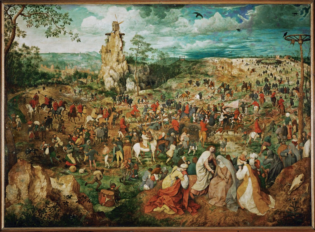 Korsbäringen med Bruegels självporträtt till höger om trädstammen (målning på ek) av Pieter the Elder Bruegel