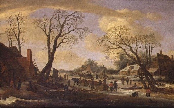 Ett vinterflodlandskap med bönder och hästdragna slädar av Pieter the Elder Molyn