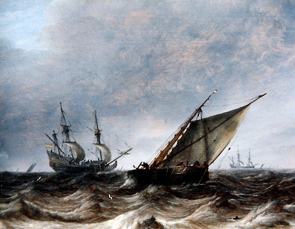 En smålänning och en krigsman i ett hårt hav (olja på tavla) av Pieter the Elder Mulier