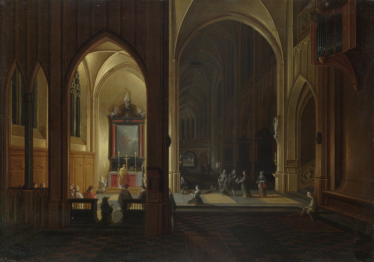 En kvällsgudstjänst i en kyrka, 1649 av Pieter the Elder Neeffs