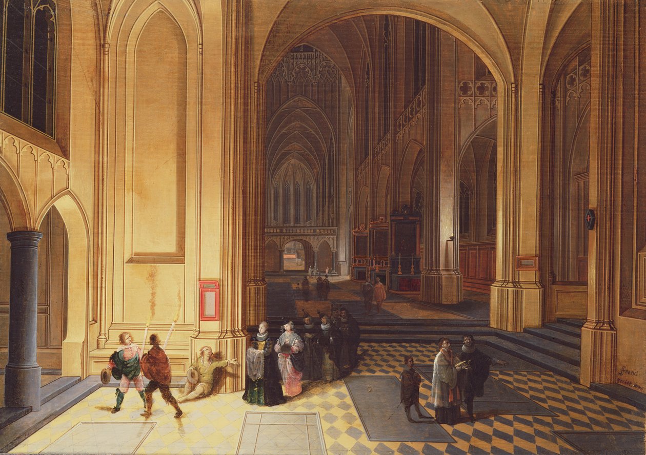 Interiör av en katedral med en tiggare och andra figurer av Pieter the Elder Neeffs