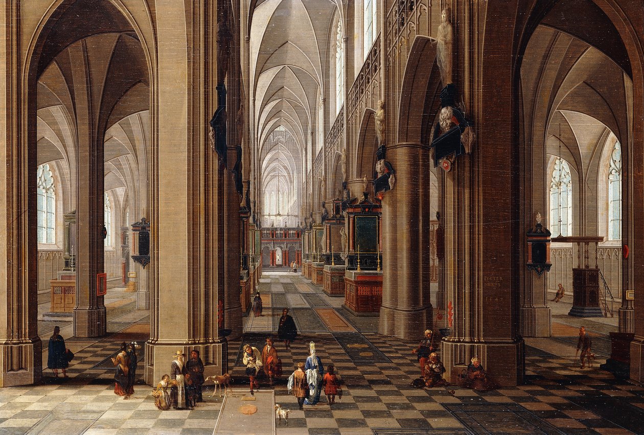 Interiören av en gotisk katedral med stadsbor och pigrimer, 1647 av Pieter the Elder Neeffs