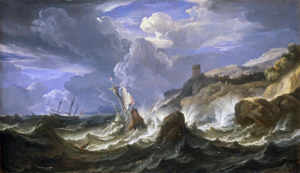 Skeppsbrott i storm nära klippig kust. Olja på duk, mitten av 1600-talet av Pieter Mulier II den yngre (eller Pietro Mulieribus eller Pietro Cavaliere Tempesta) (1637-1701). av Pieter the Younger (1637 1701) Mulier