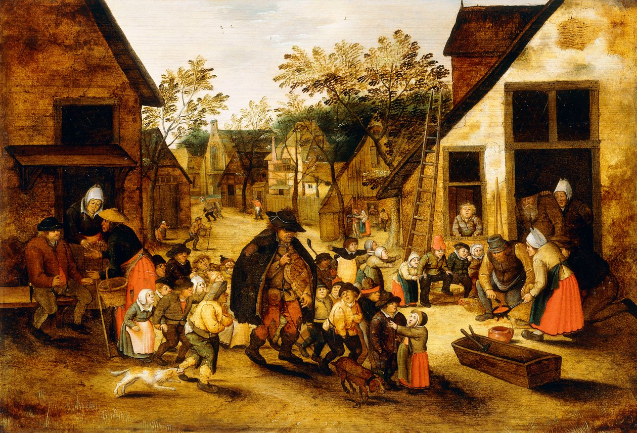 En blind Hurdy-Gurdy-spelare omgiven av barn i en by, ca 1610 av Pieter Brueghel the Younger