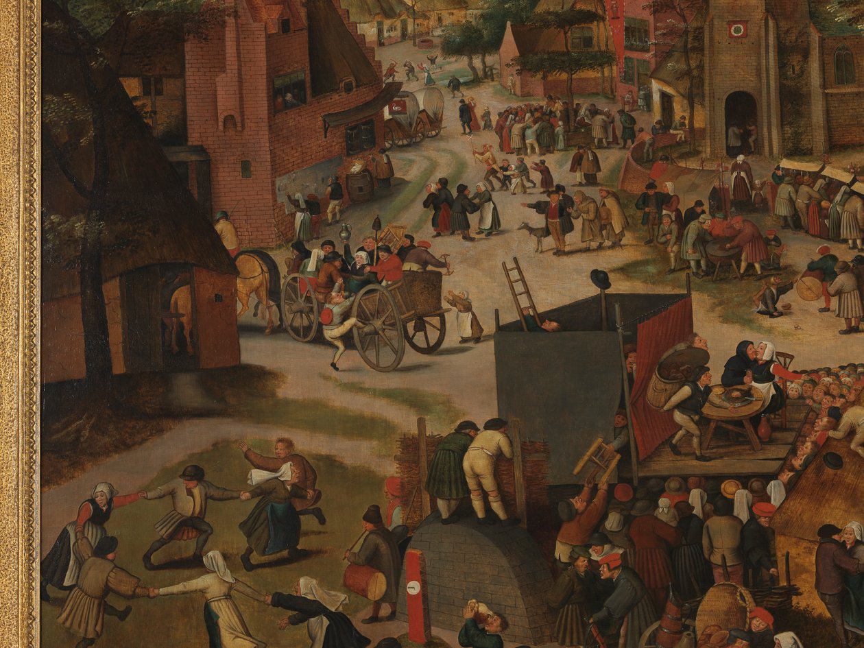 En byfestival, med en teaterföreställning och en procession för att hedra St Hubert och St Anthony av Pieter Brueghel the Younger