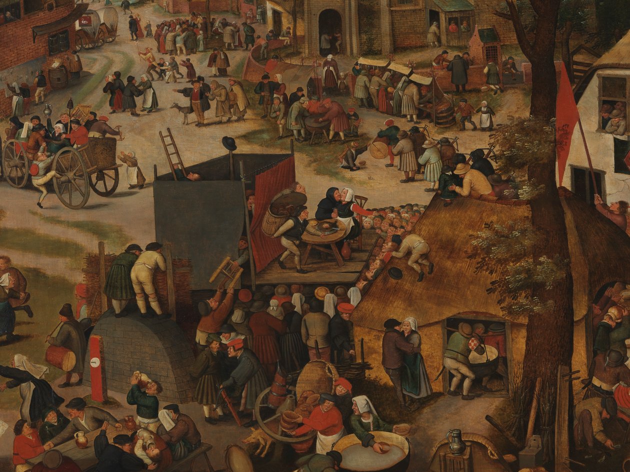 En byfestival, med en teaterföreställning och en procession för att hedra St Hubert och St Anthony av Pieter Brueghel the Younger