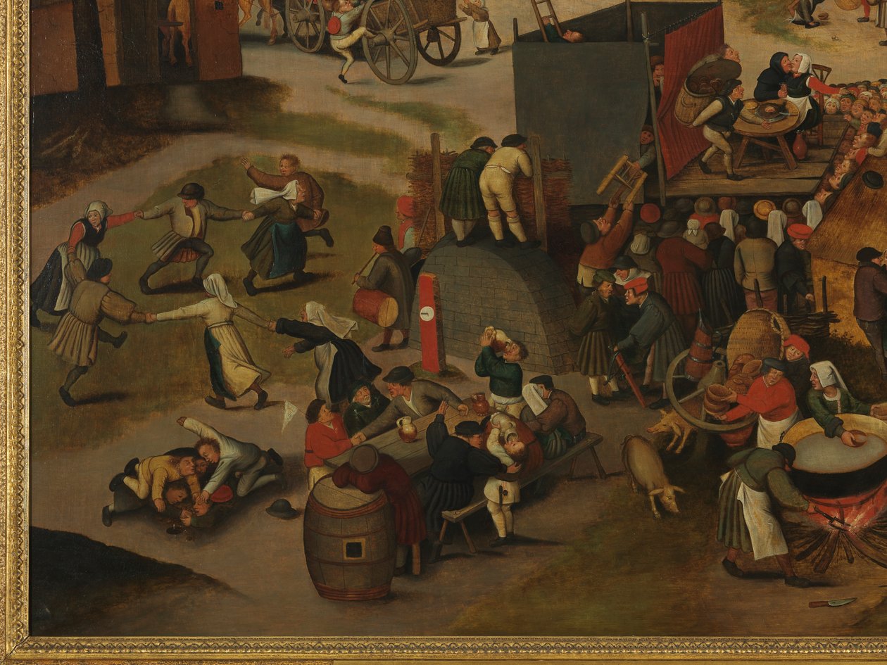 En byfestival, med en teaterföreställning och en procession för att hedra St Hubert och St Anthony av Pieter Brueghel the Younger