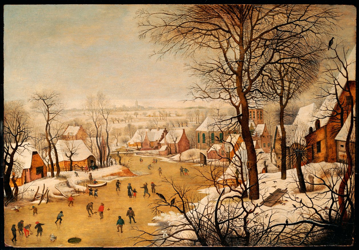 Ett vinterlandskap med skridskoåkare och en fågelfälla av Pieter Brueghel the Younger
