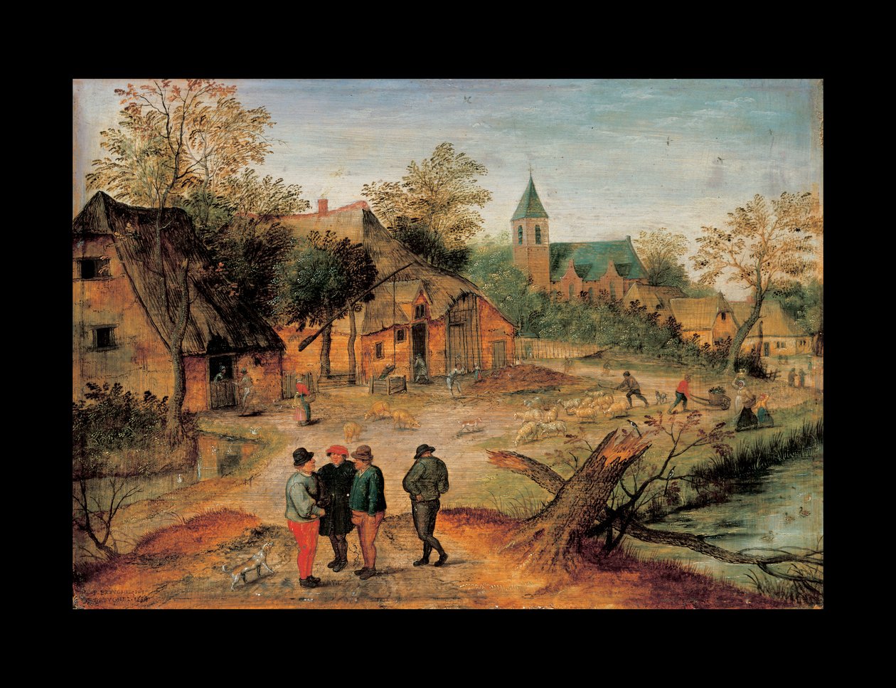 Ett bylandskap med bönder som samtalar i förgrunden, 1634 av Pieter Brueghel the Younger