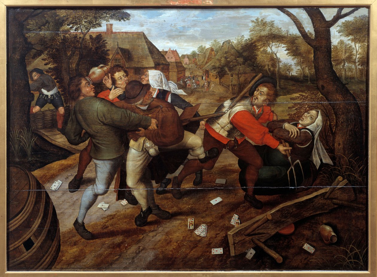 Bönder slåss efter en lek med klasser. Målning av Pieter Li Jeune dit Brueghel d